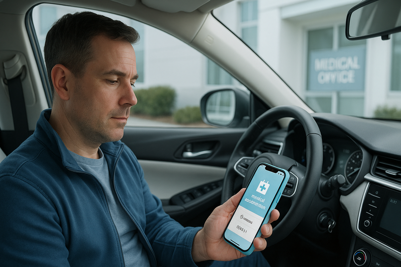 Patient calmly checking traffic on smartphone in car before vein treatment consultation at Encino vein office