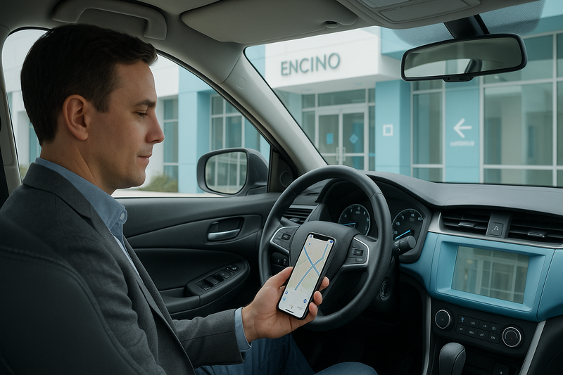 Adult patient preparing for vein treatment consultation by checking navigation to Encino medical office with calm and clear focus