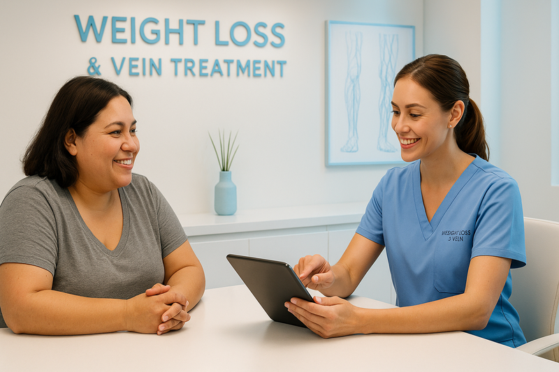 Patient scheduling a vein treatment without insurance at West Medical with staff assistance at a bright, modern clinic front desk