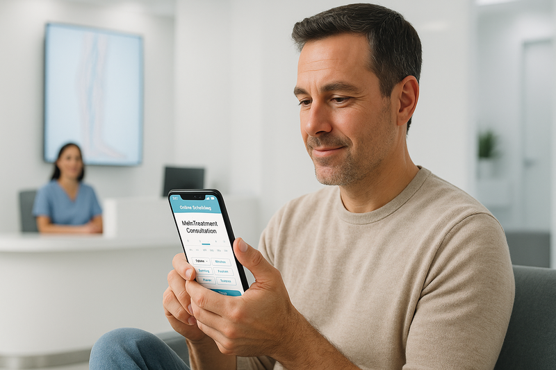 Adult patient using smartphone in a modern clinic to easily schedule a vein treatment consultation at West Medical.
