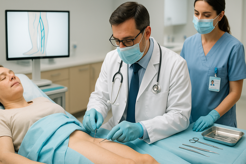 Physician performing a microphlebectomy procedure on a patient's leg in a clinic, emphasizing precision, comfort, and guidance with clinical monitors displaying vein mapping.
