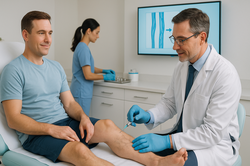 Physician performs sclerotherapy vein treatment on adult patient’s lower leg in a calm, clinical setting
