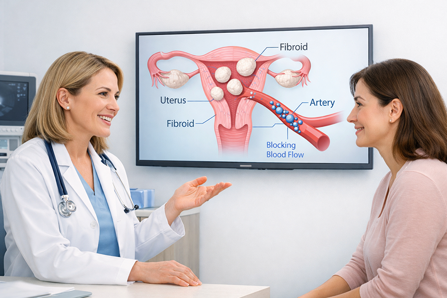 Physician explaining fibroid treatment to a patient at West Medical