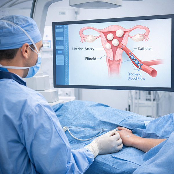 Interventional radiology suite showing radial access uterine artery embolization