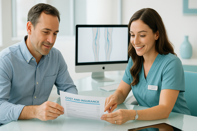 Patient consulting with a financial coordinator at a modern West Medical clinic, reviewing vein treatment consultation costs and insurance options together.