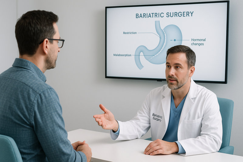 Bariatric surgeon consulting with patient using a digital stomach diagram in a Los Angeles clinic