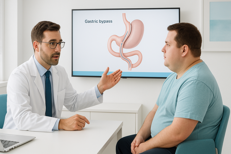 Consultation with bariatric surgeon in Los Angeles clinic showing a patient a digital diagram of gastric bypass surgery to address where can I get gastric bypass surgery