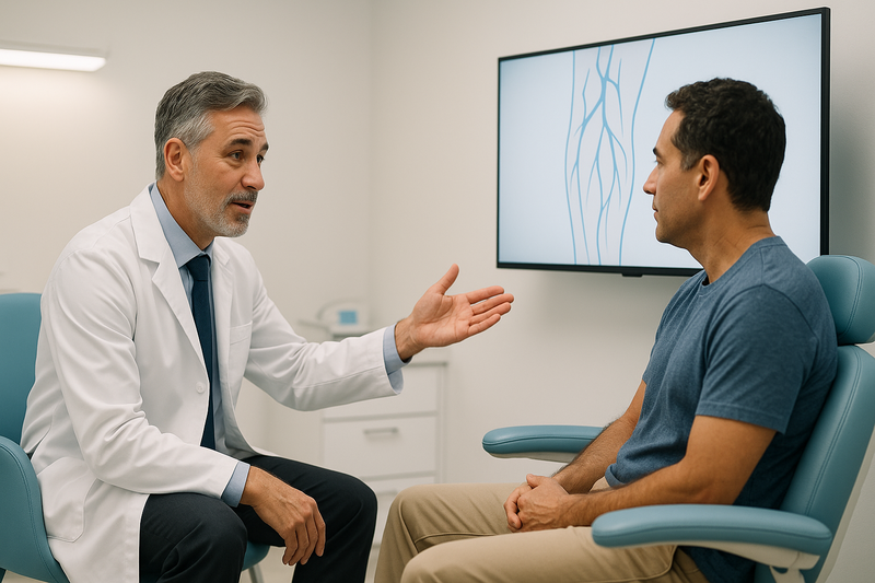 Physician reviews leg vein ultrasound with patient during vein treatment appointment in a modern Encino clinic