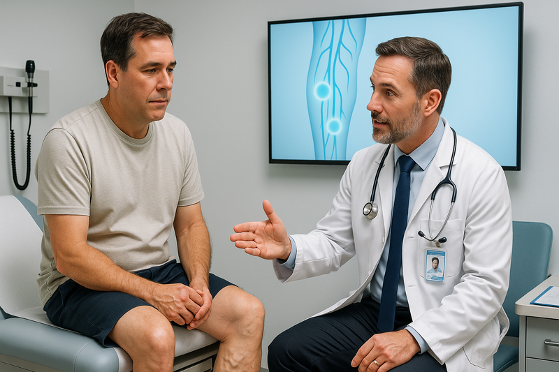 Vascular specialist consulting an adult patient about lower leg varicose veins during vein treatment without insurance