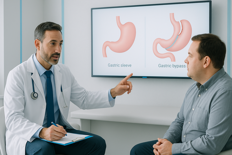 Modern bariatric surgery clinic setting with a surgeon explaining bariatric surgery options to a patient on a monitor featuring comparative stomach diagrams