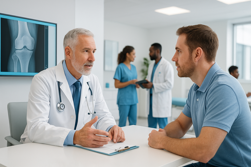 Orthopedic surgeon and patient discuss diagnostic imaging and treatment options at a modern clinic, illustrating how to find a good orthopedic doctor with team-based care.
