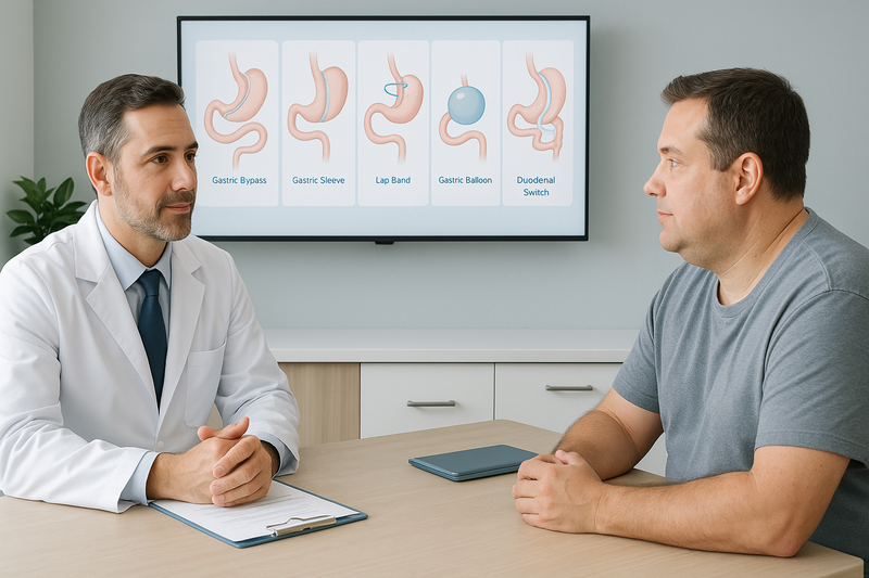 Bariatric surgeon consulting with a patient using a monitor that displays gastric bypass, sleeve, lap band, balloon, and duodenal switch procedures side-by-side to discuss bariatric surgery cost options.