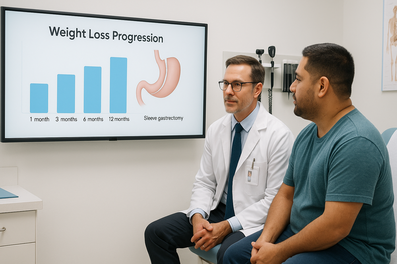 Doctor consulting patient while showing bariatric surgery before and after results chart and sleeve gastrectomy anatomy on a digital monitor