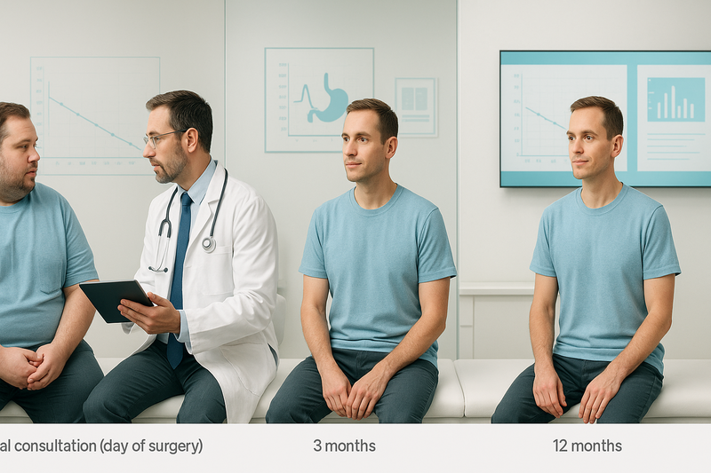 Three-phase timeline illustrating an adult patient's gastric sleeve before and after results with visible progress at 1, 3, and 12 months, emphasizing clinical support.