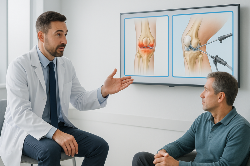 Orthopedic knee care specialist consulting with patient, comparing non-surgical and arthroscopic knee treatment options using medical diagrams.