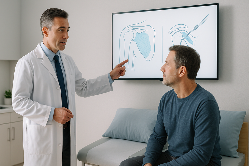 Orthopedic doctor discussing shoulder care options with a patient using shoulder diagrams in a modern West Medical clinic