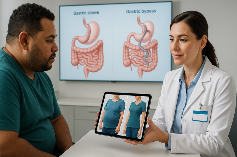 Bariatric surgeon consulting with patient and showing bariatric surgery before and after photos alongside digestive system diagrams.