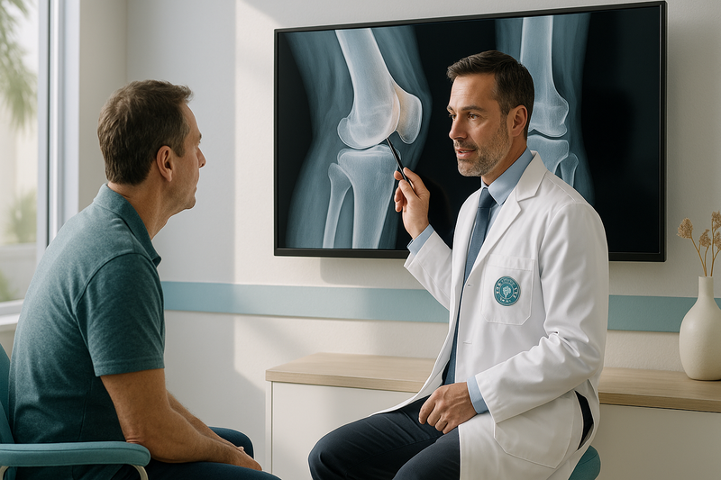 Board-certified orthopedic doctor consulting with a patient and explaining knee imaging in a modern clinic, showing how to find a good orthopedic doctor