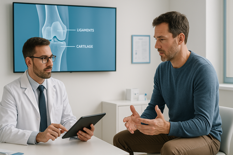 Orthopedic knee care specialist consulting with an adult patient in a modern exam room, digital knee diagram visible