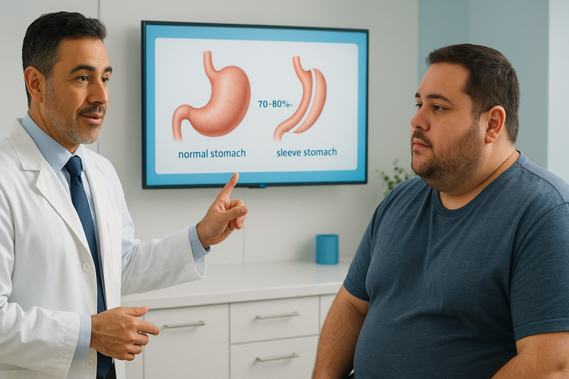 Consultation showing bariatric surgeon explaining gastric sleeve before and after diagram to an adult patient in a modern clinic