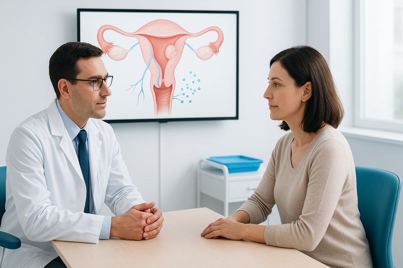 A licensed interventional radiologist consults with a patient as a clinic monitor displays a diagram explaining fibroid treatment uterine artery embolization.