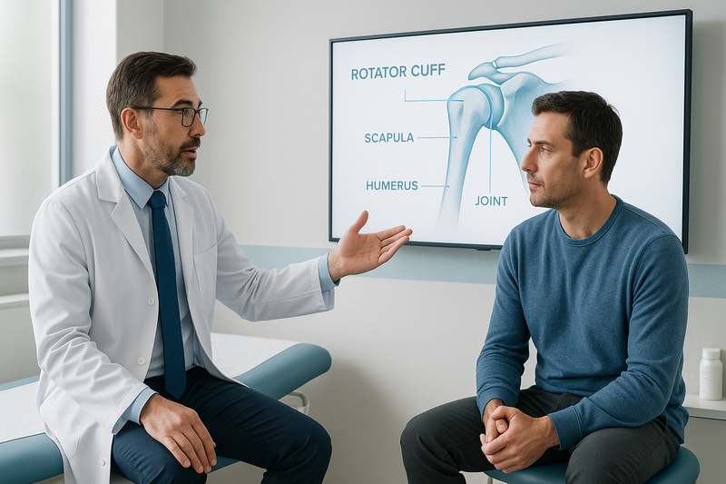 Orthopedic doctor consulting with patient and reviewing digital shoulder diagram highlighting orthopedic shoulder care steps