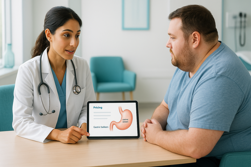 Physician in California clinic explains gastric balloon cost to an adult patient using a tablet with a pricing chart and labeled stomach balloon diagram
