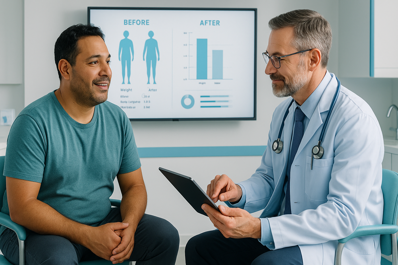 Physician reviews duodenal switch surgery patient’s documented weight loss and before-and-after results on clinic monitor.