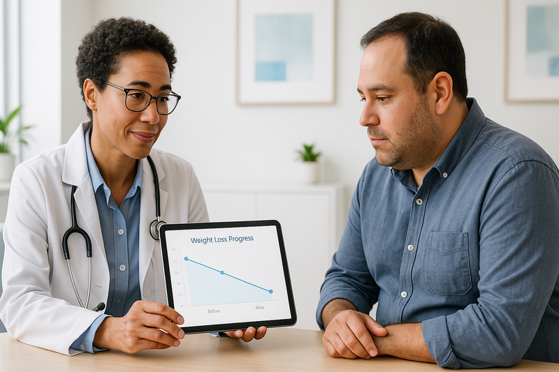 Physician and patient reviewing duodenal switch before and after results on a tablet in a modern clinic