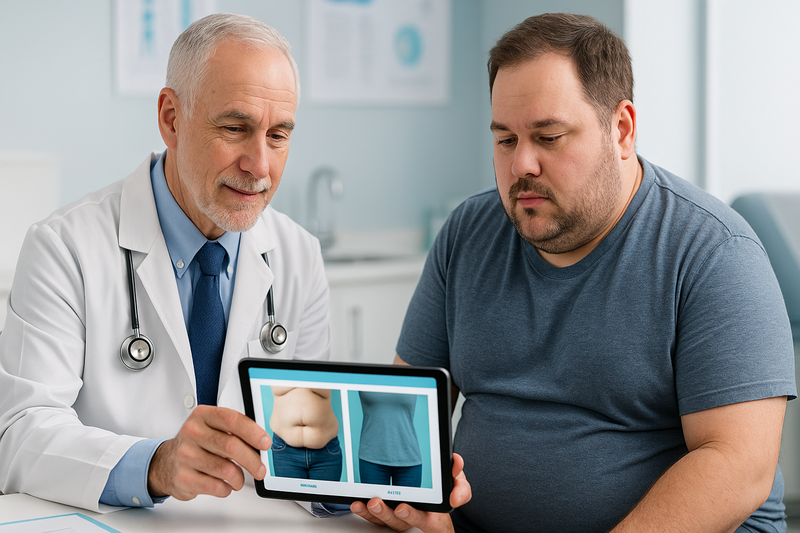 Surgeon and patient reviewing gastric sleeve before and after skin photos to discuss realistic transformation results and loose skin expectations