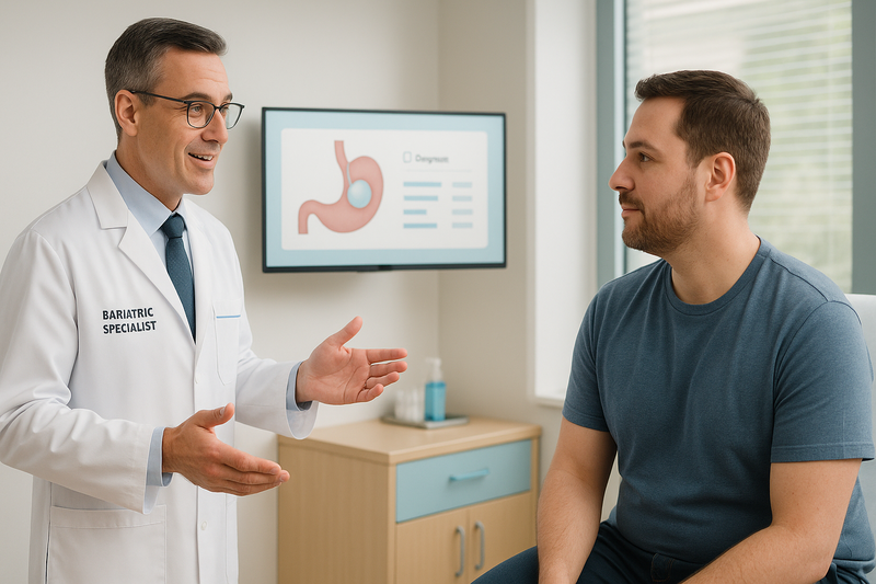 Patient and bariatric specialist discuss personalized gastric balloon cost with visual price breakdown in a modern clinic setting