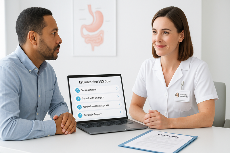 A patient and bariatric coordinator reviewing a step-by-step vsg surgery cost checklist during a consultation in a modern clinic