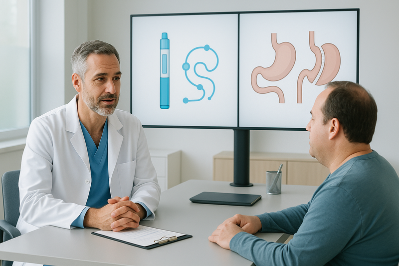 Physician consulting a patient with side-by-side diagrams comparing weight loss injections cost and bariatric surgery options