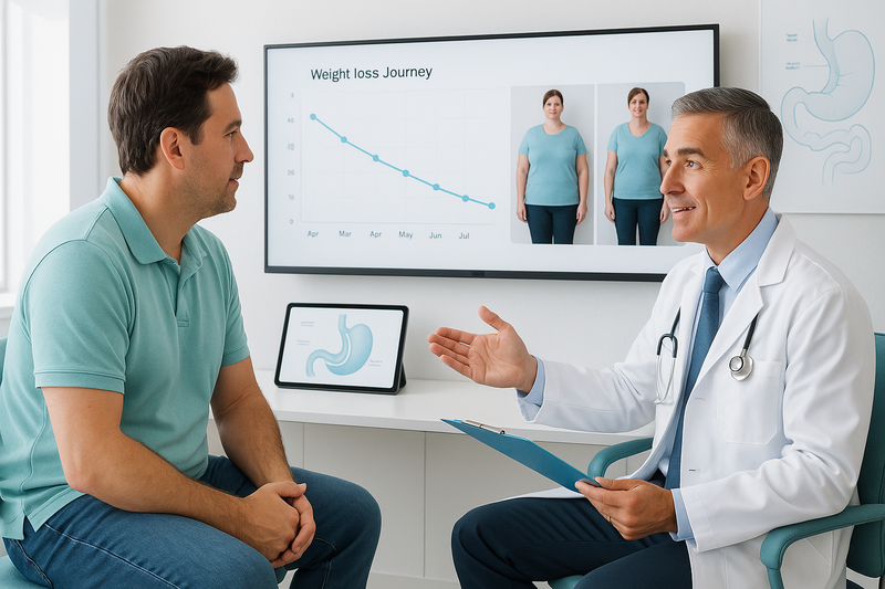 Bariatric surgeon consulting with adult patient and reviewing gastric bypass before and after progress charts on a screen