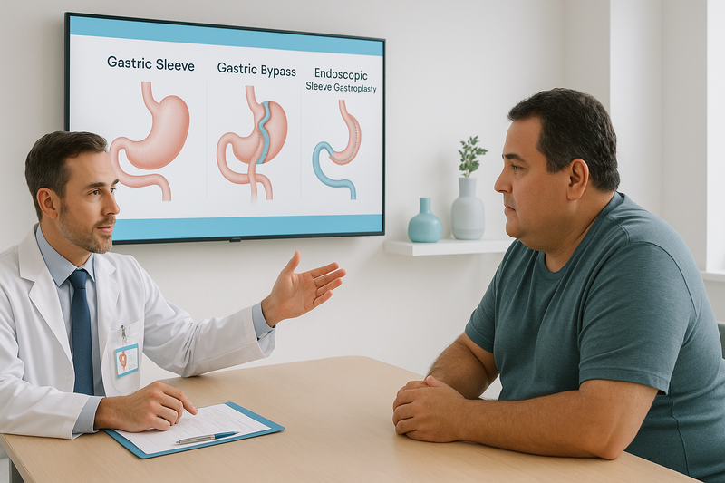 Bariatric surgeon explains types of bariatric surgery to adult patient using medical diagrams of sleeve, bypass, and endoscopic procedures.