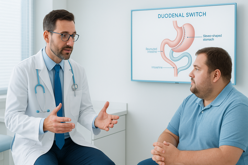 Bariatric surgeon consulting with patient, wall display showing duodenal switch surgery diagram with sleeve gastrectomy and intestinal bypass