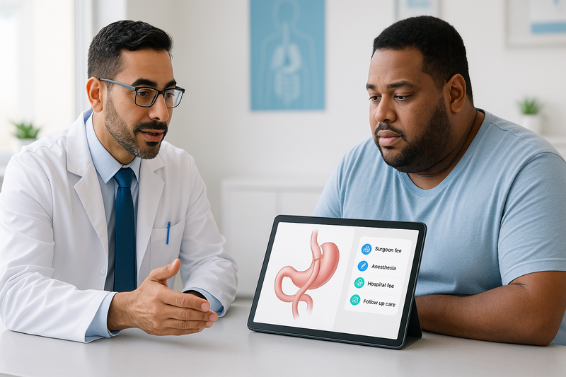 Bariatric surgeon explains how much gastric bypass surgery costs, reviewing procedure diagram and cost breakdown in a California clinic