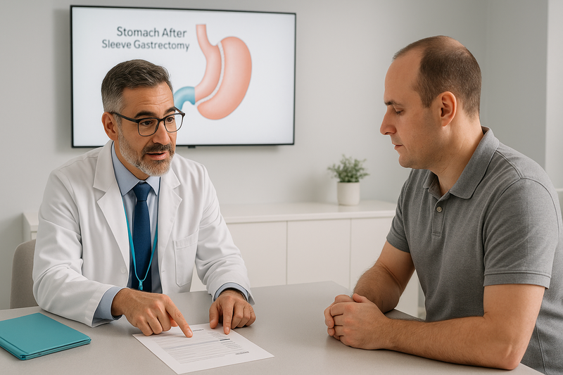 Consultation in modern clinic where bariatric surgeon reviews comprehensive gastric sleeve cost breakdown with an adult patient. Medical screen shows post-sleeve anatomy.