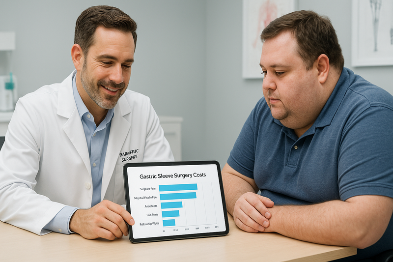 Bariatric surgeon consulting with patient and reviewing a tablet displaying vsg surgery cost breakdown in a modern medical office