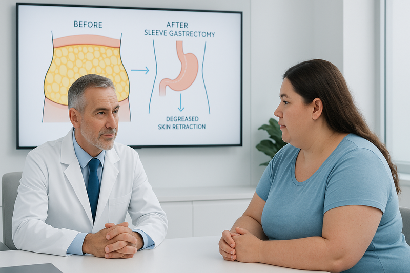 Bariatric surgeon consulting with a patient while reviewing a medical diagram of gastric sleeve before and after skin changes.