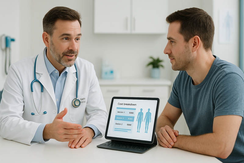 Vein specialist consulting with an adult patient, reviewing cost of sclerotherapy for spider veins using a digital chart in a California clinic