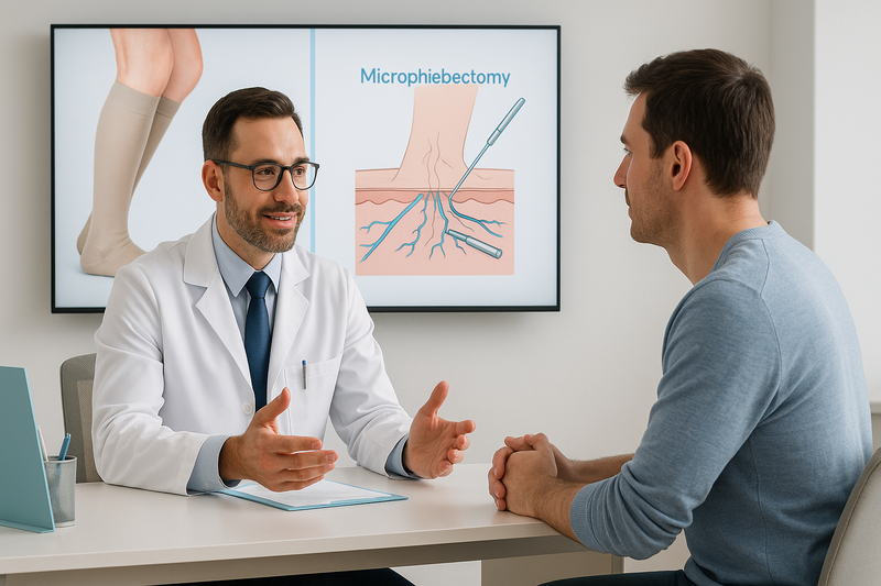 Physician consulting patient about compression socks for varicose veins with treatment comparison on clinic screen