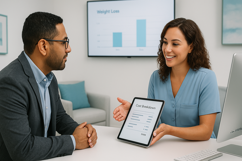 Patient and coordinator reviewing semaglutide weight loss clinic costs on tablet at modern California clinic, with cost chart in background.