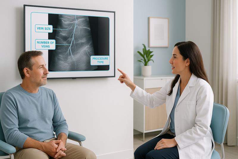 Consultation in a vein clinic with a board-certified specialist and patient reviewing cost factors like vein size, number, and procedure type for varicose vein removal cost