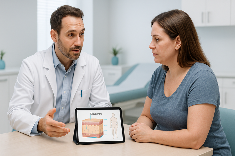 Physician consulting about gastric sleeve surgery before and after skin changes, reviewing skin elasticity diagram with patient