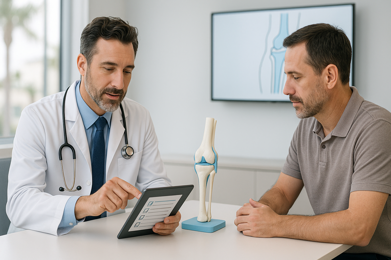Orthopedic surgeon and patient collaborating over knee replacement surgery cost checklist in a modern clinic setting