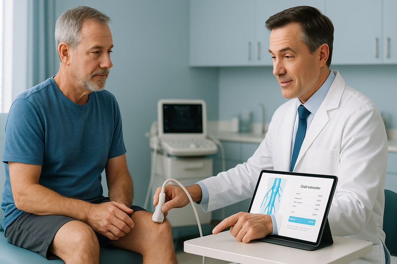 Vein specialist performing diagnostic ultrasound with patient while reviewing varicose vein removal cost estimate on a tablet