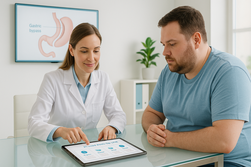 Bariatric surgeon and patient reviewing a gastric bypass diet progression chart together in a modern medical clinic