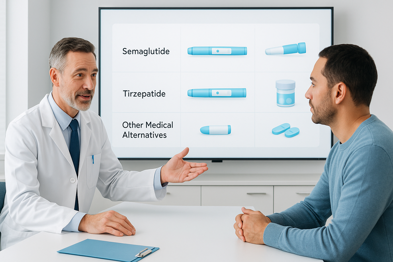 Physician discussing weight loss injections near me options with patient in a clinical setting using a comparison chart of semaglutide, tirzepatide, and oral medications.