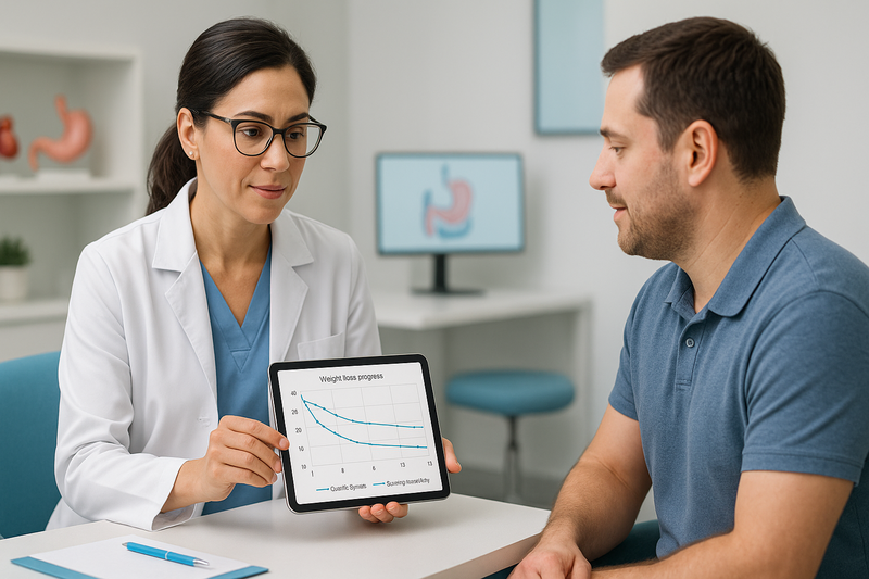 Bariatric surgeon reviewing gastric bypass vs sleeve progress charts with patient during a supportive follow-up consultation